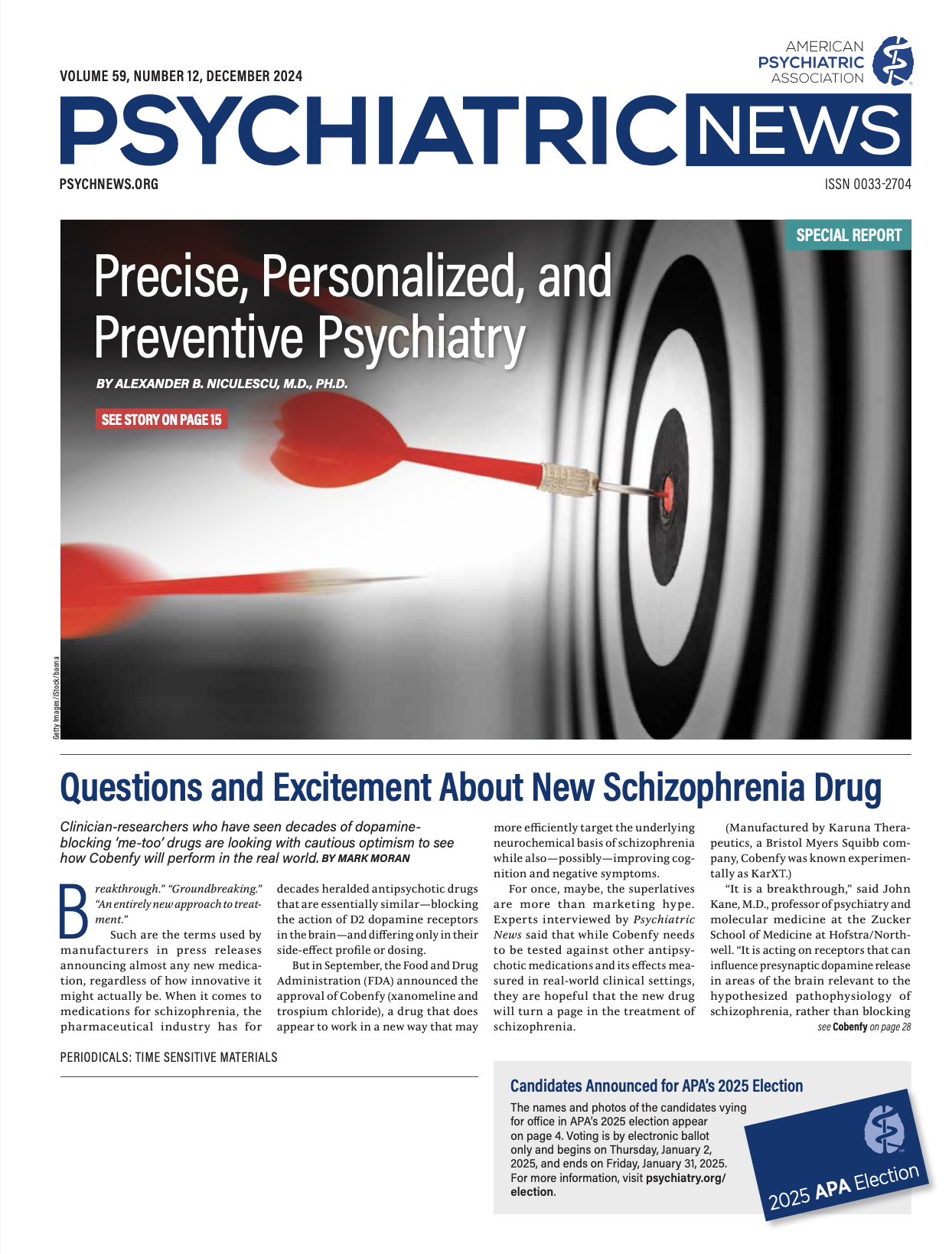 American Psychiatric Association-Psychiatric News-Invited Special Report by Dr. Niculescu: Precise, Personalized, and Preventive Psychiatry.