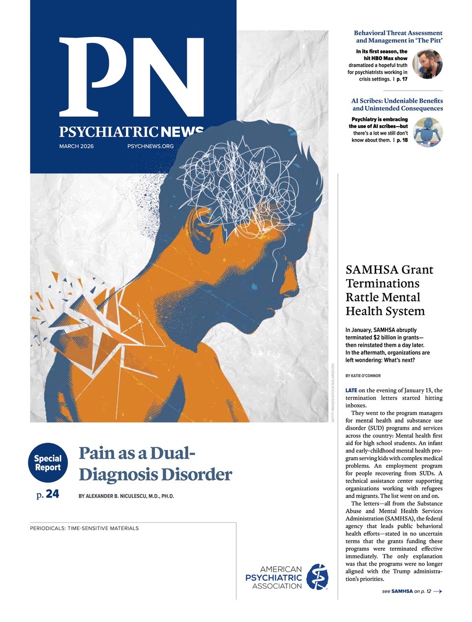 American Psychiatric Association-Psychiatric News-Invited Special Report by Dr. Niculescu: Pain as a Dual-Diagnosis Disorder